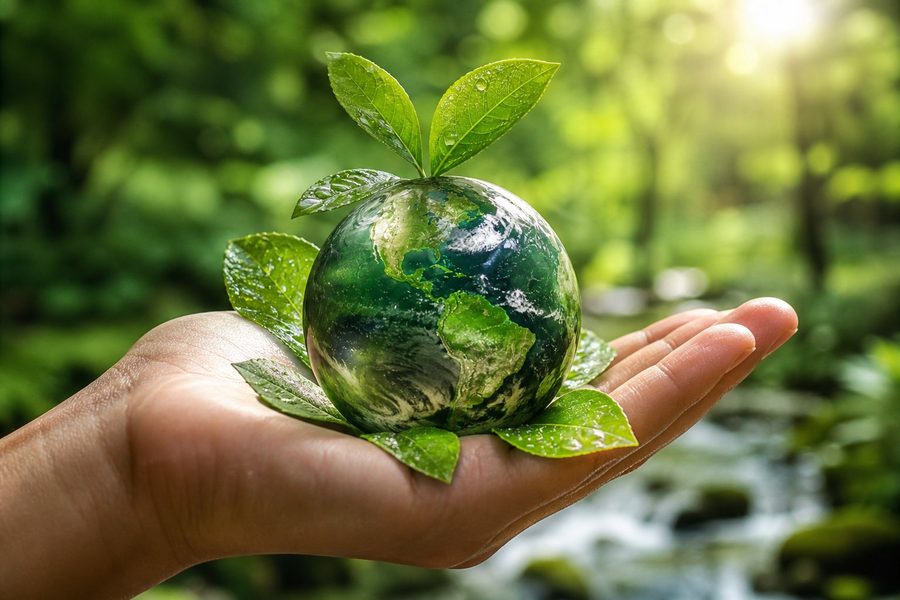 Une main tenant une planète Terre végétale — symbole de notre démarche écologique